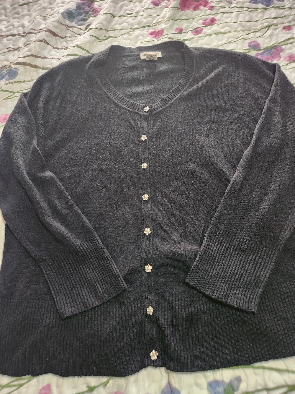 Notations Vintage Faded Black Button-Front Rhinestone Flower Cardigan